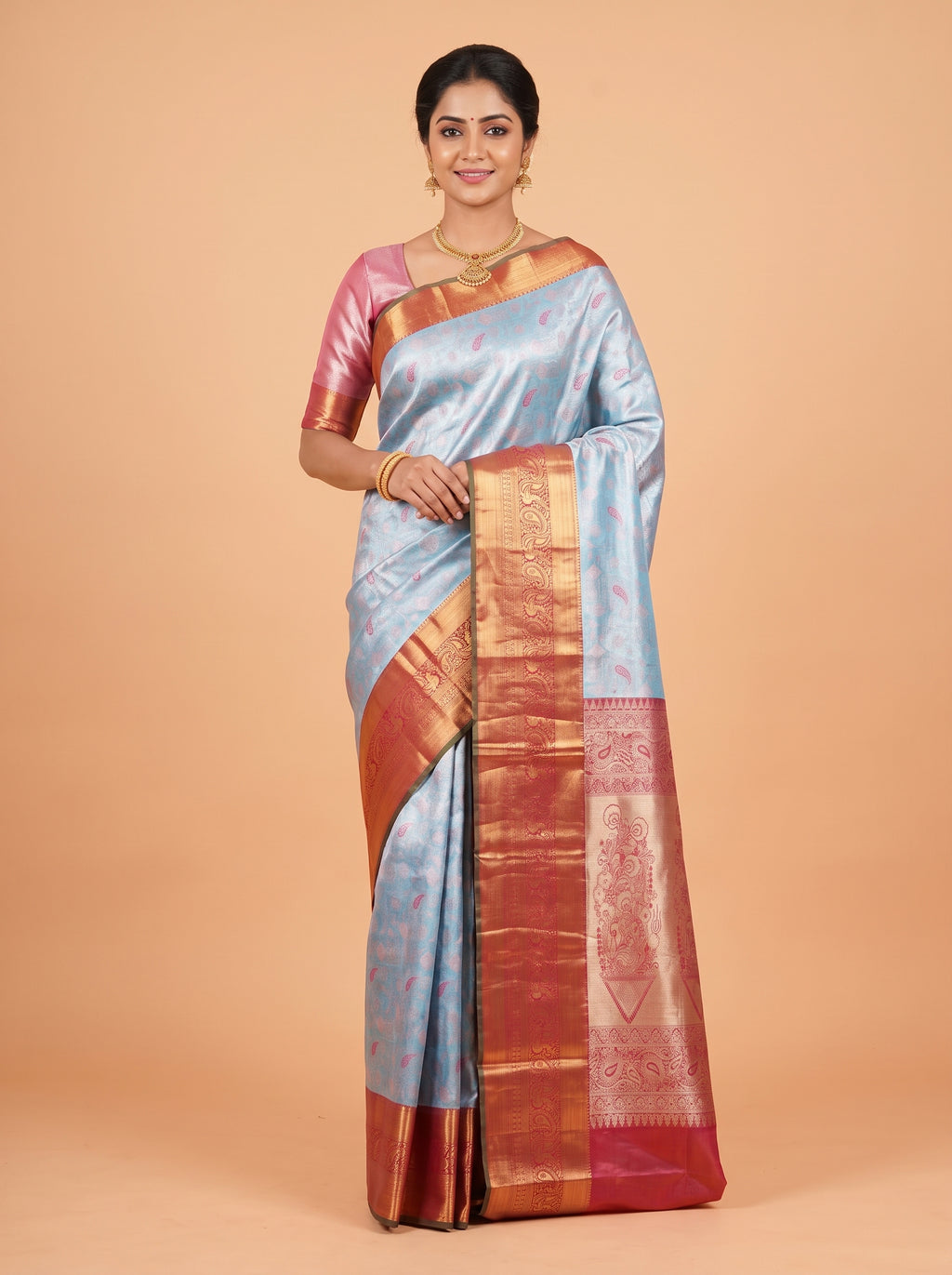 Sky Blue and Maroon Tissue Silk Saree