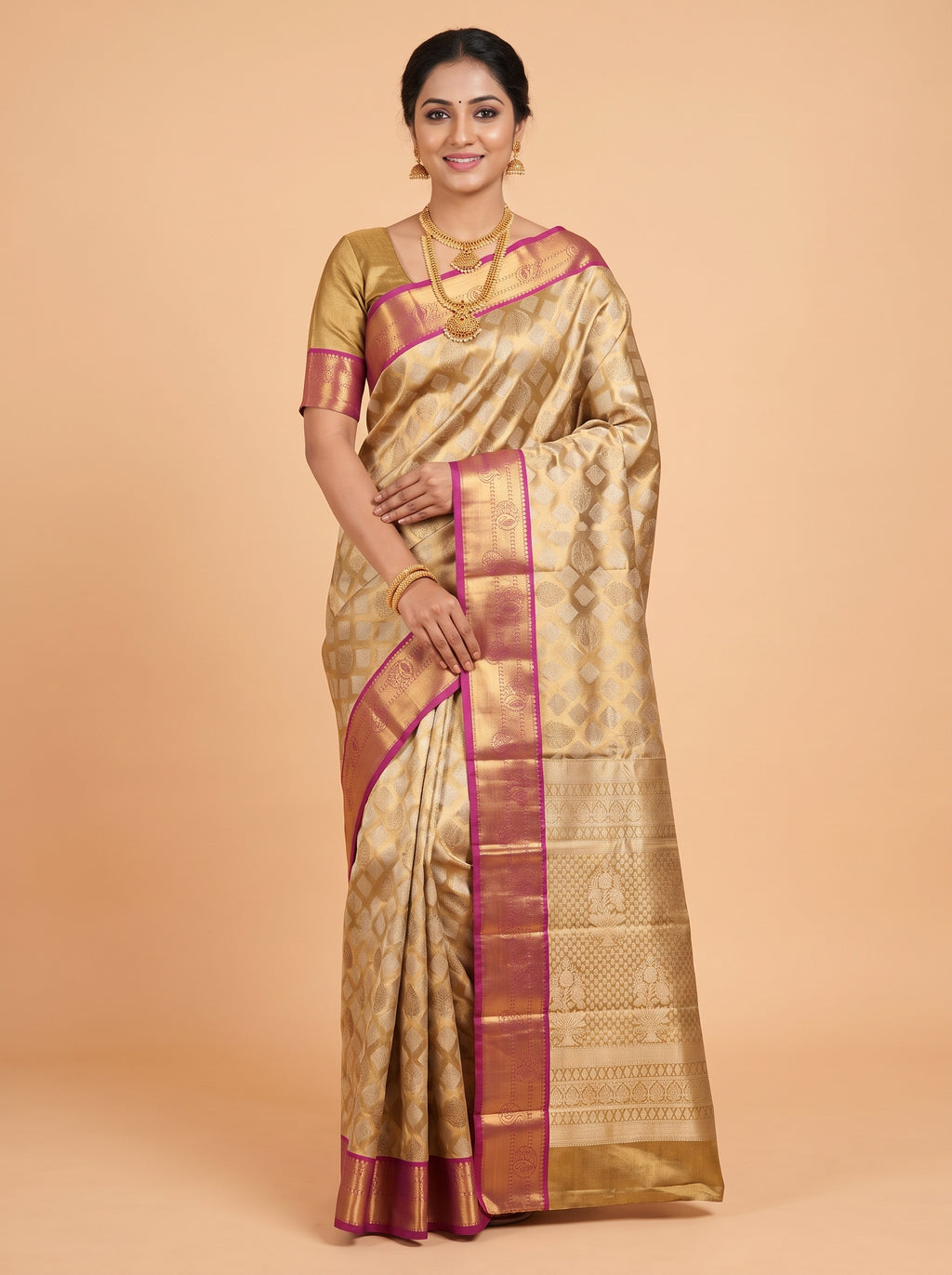 Antique Gold and Magenta Tissue Silk Saree
