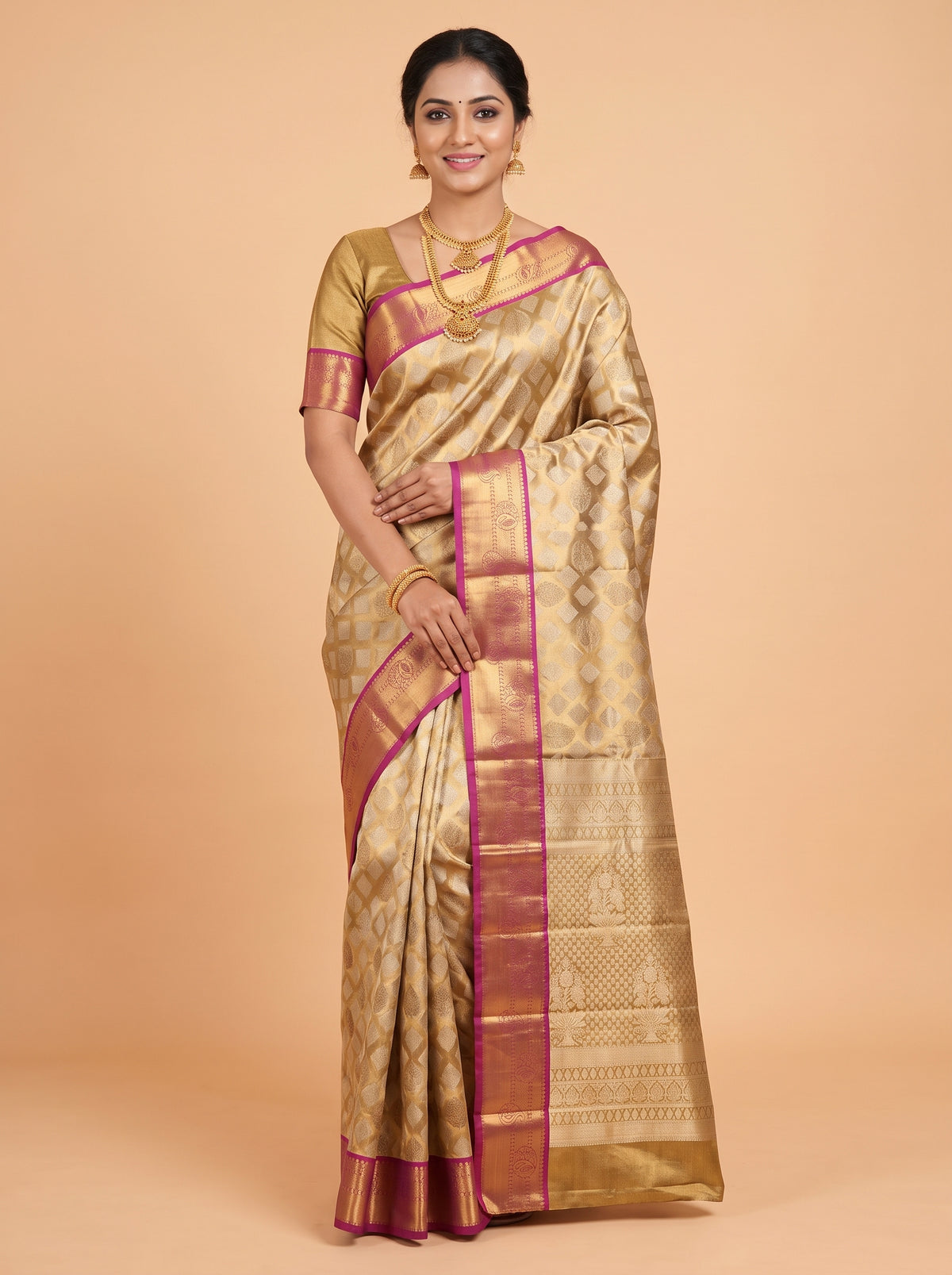 Antique Gold and Magenta Tissue Silk Saree