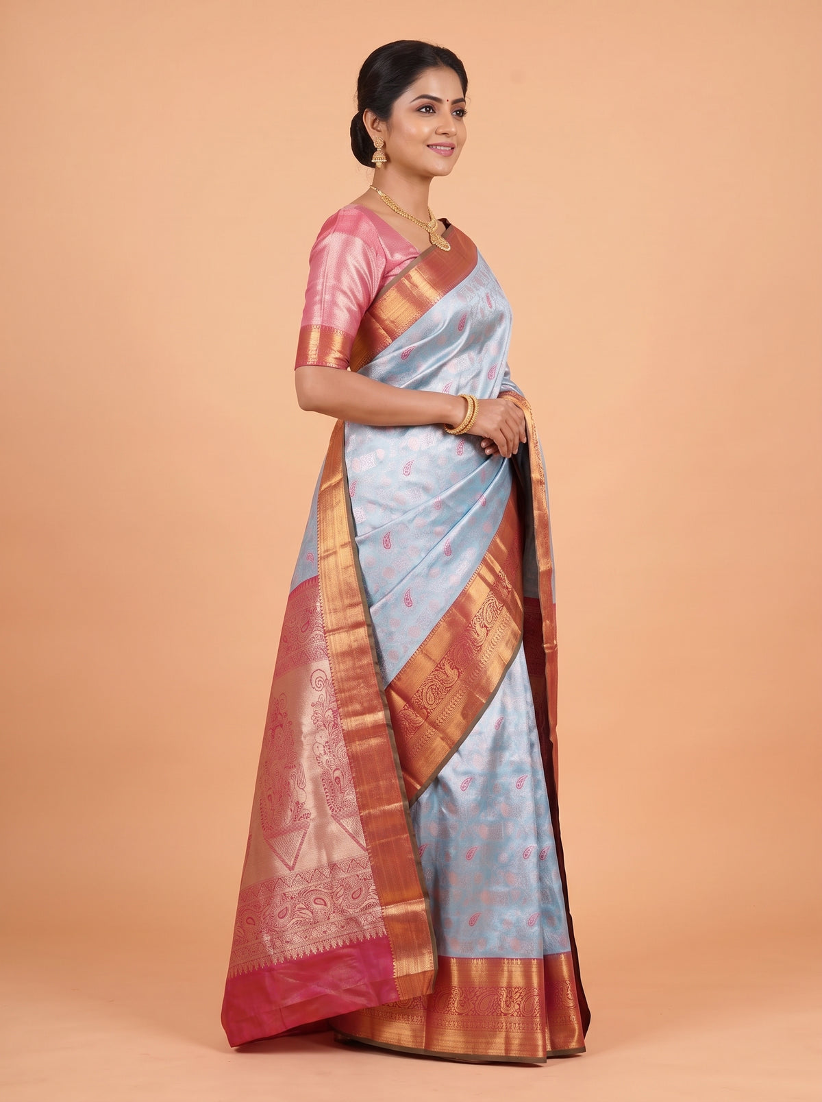 Sky Blue and Maroon Tissue Silk Saree