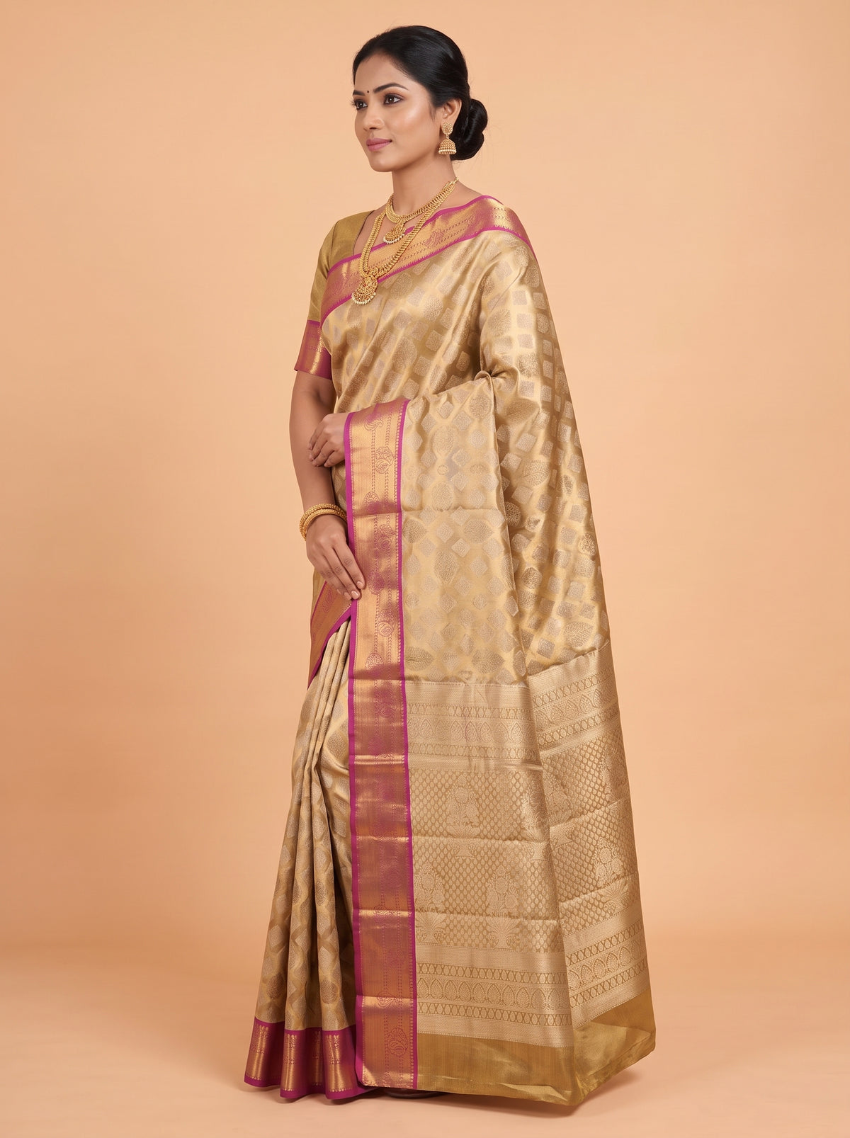 Antique Gold and Magenta Tissue Silk Saree