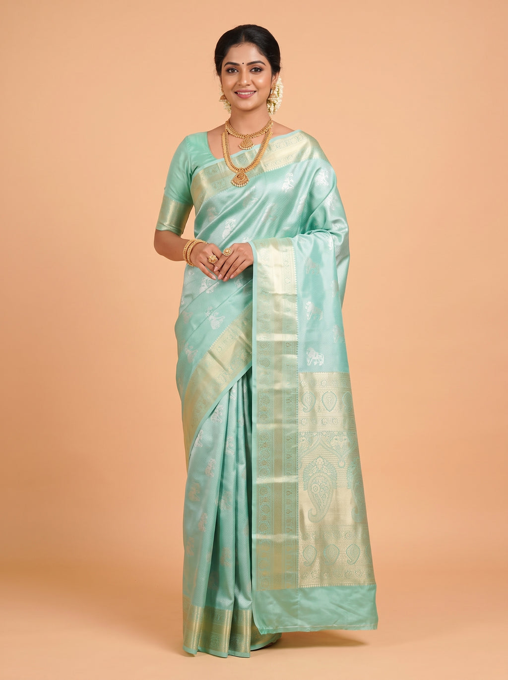 Sea Green and Silver Tissue Silk Saree