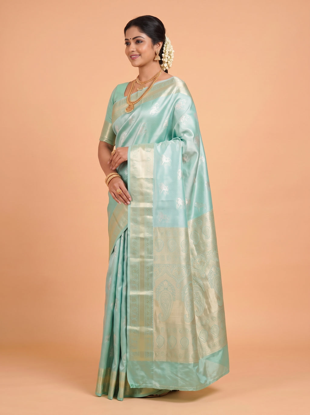 Sea Green and Silver Tissue Silk Saree