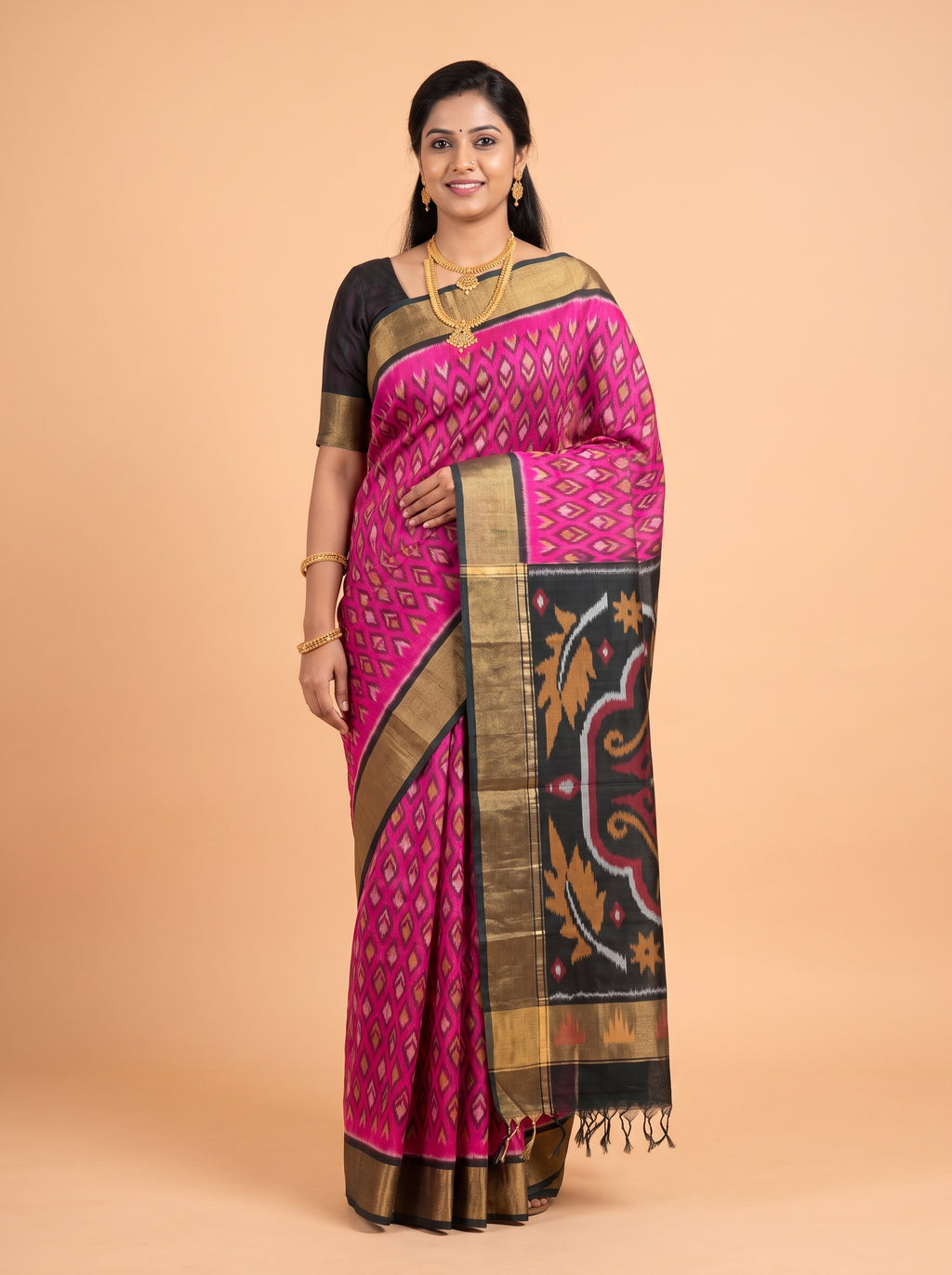 Pink and Black Traditional Ikkat Saree