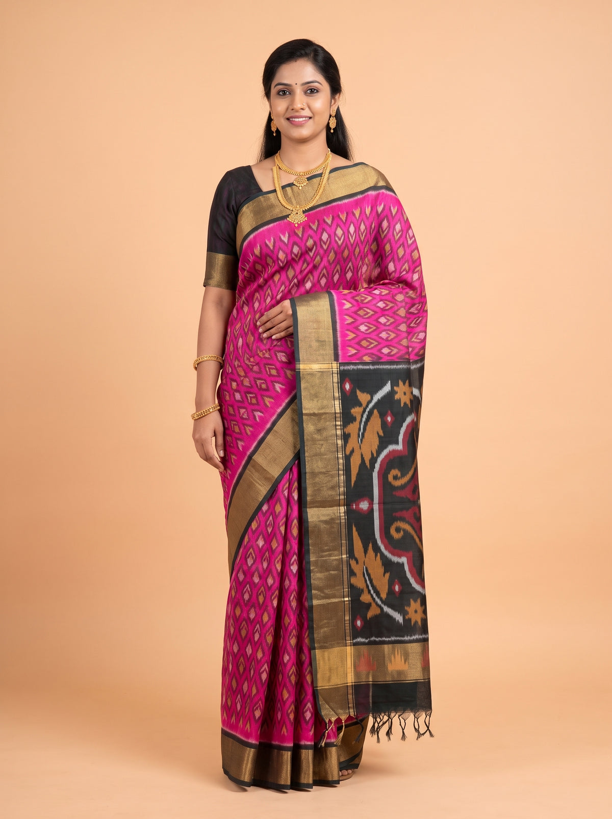 Pink and Black Traditional Ikkat Saree