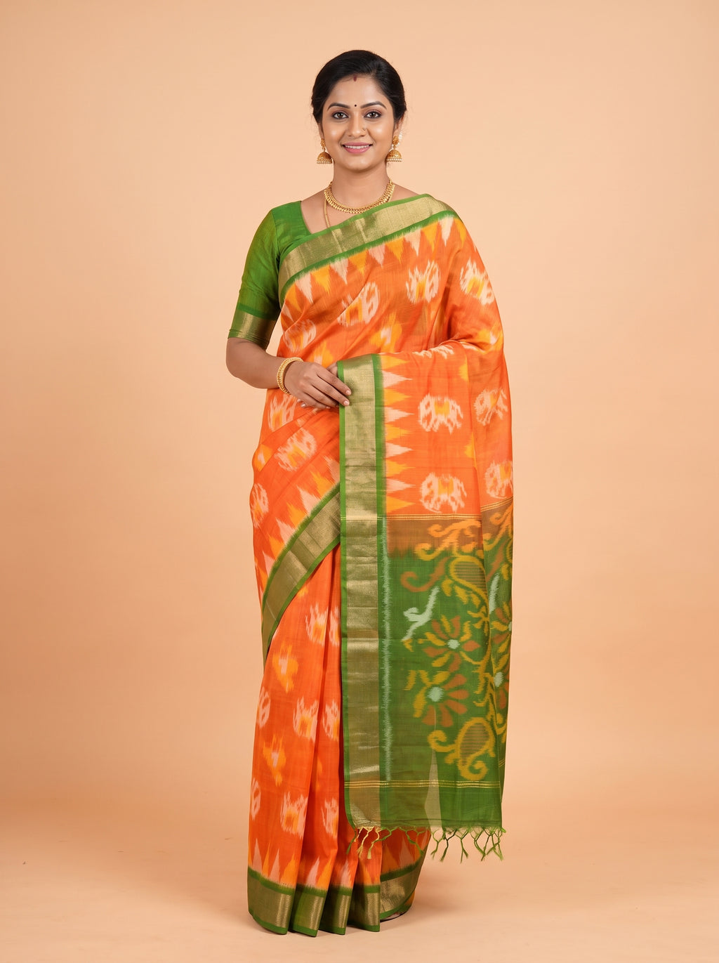 Dark Green and Bright Red Traditional Ikkat Saree