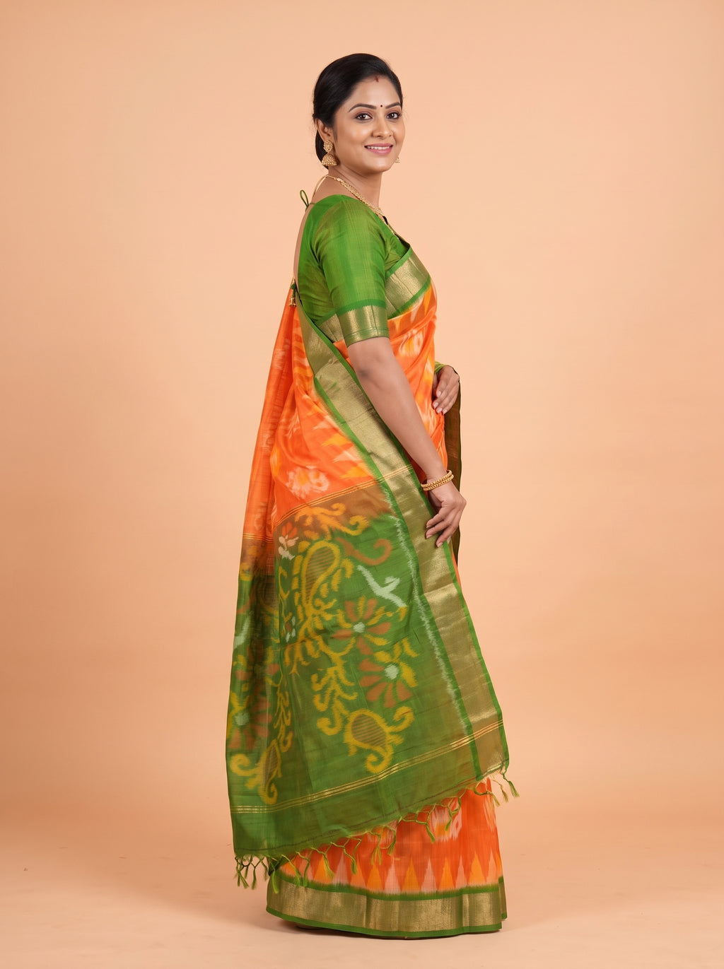 Dark Green and Bright Red Traditional Ikkat Saree