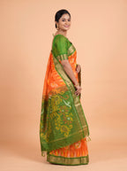 Dark Green and Bright Red Traditional Ikkat Saree