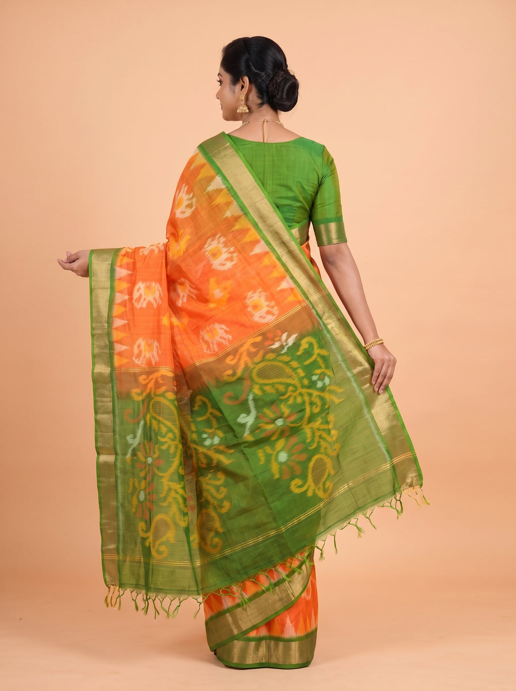 Dark Green and Bright Red Traditional Ikkat Saree