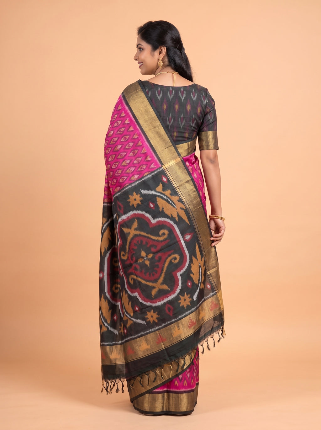 Pink and Black Traditional Ikkat Saree
