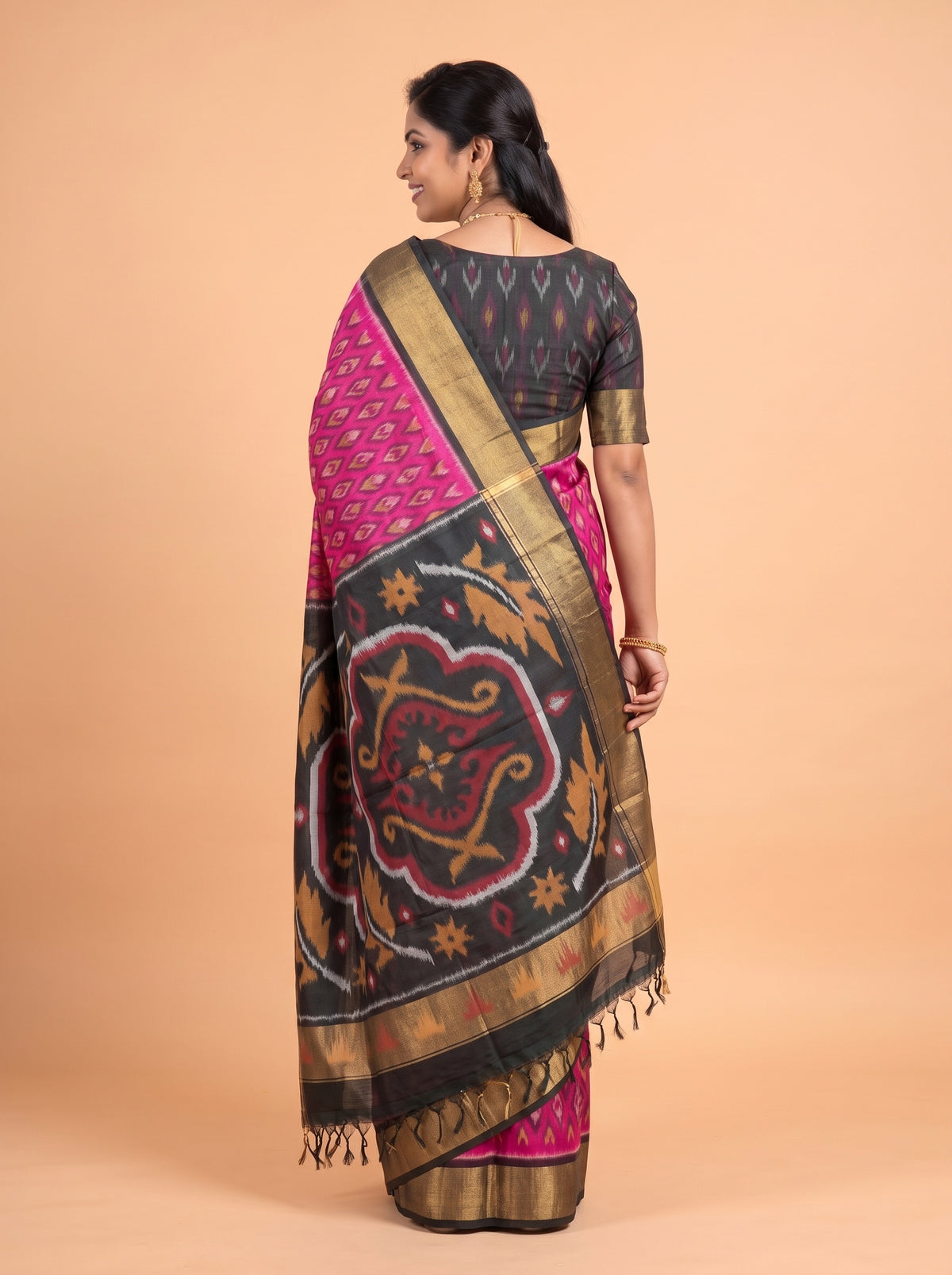Pink and Black Traditional Ikkat Saree
