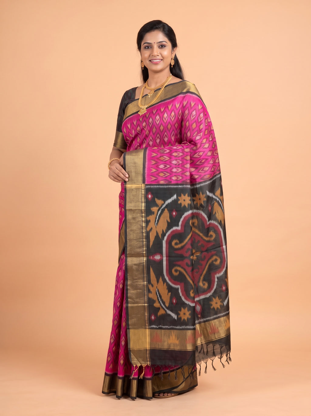 Pink and Black Traditional Ikkat Saree