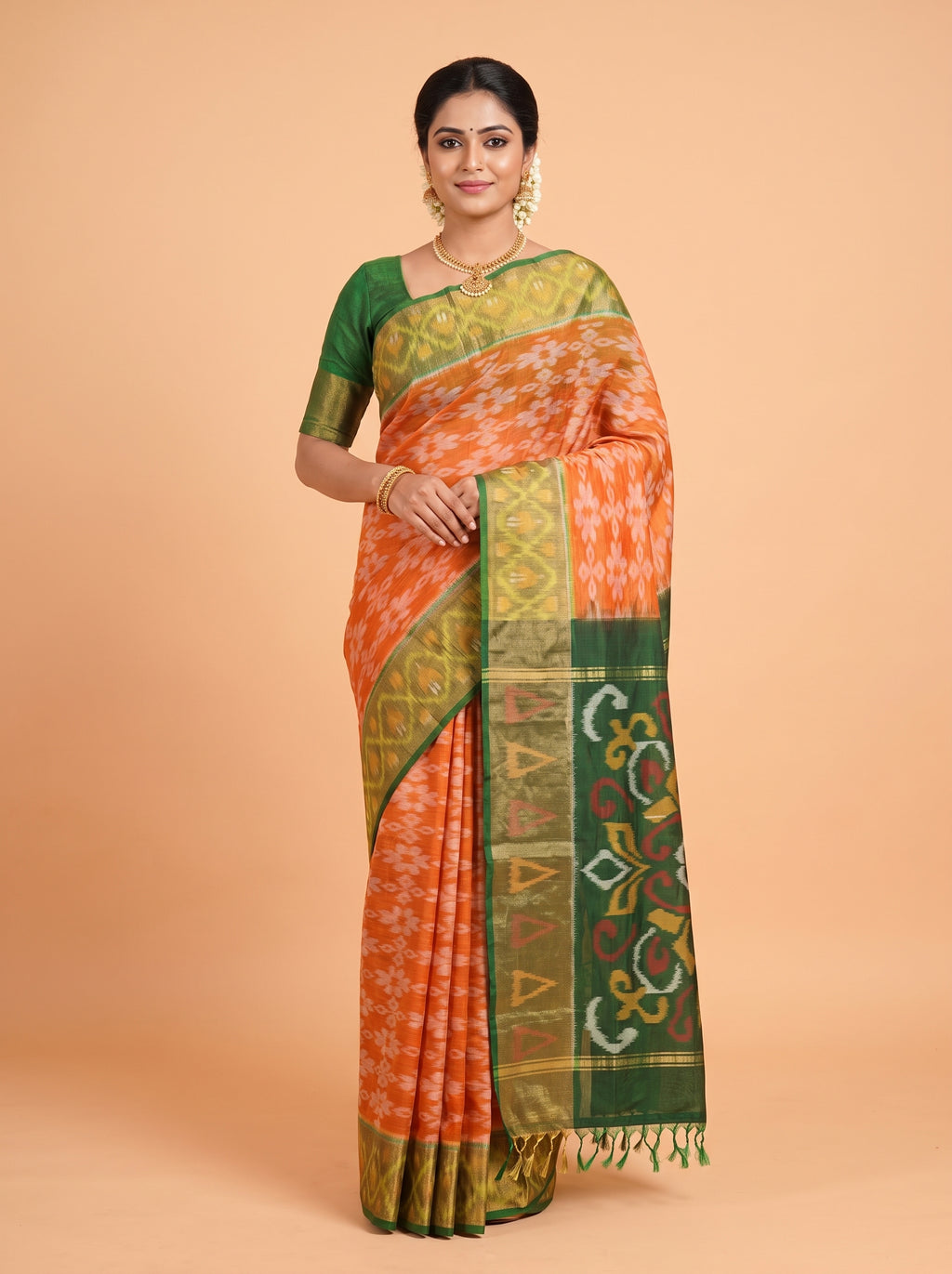 Orange and Dark Green Traditional Ikkat Saree