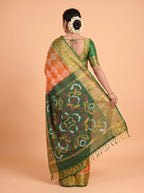 Orange and Dark Green Traditional Ikkat Saree