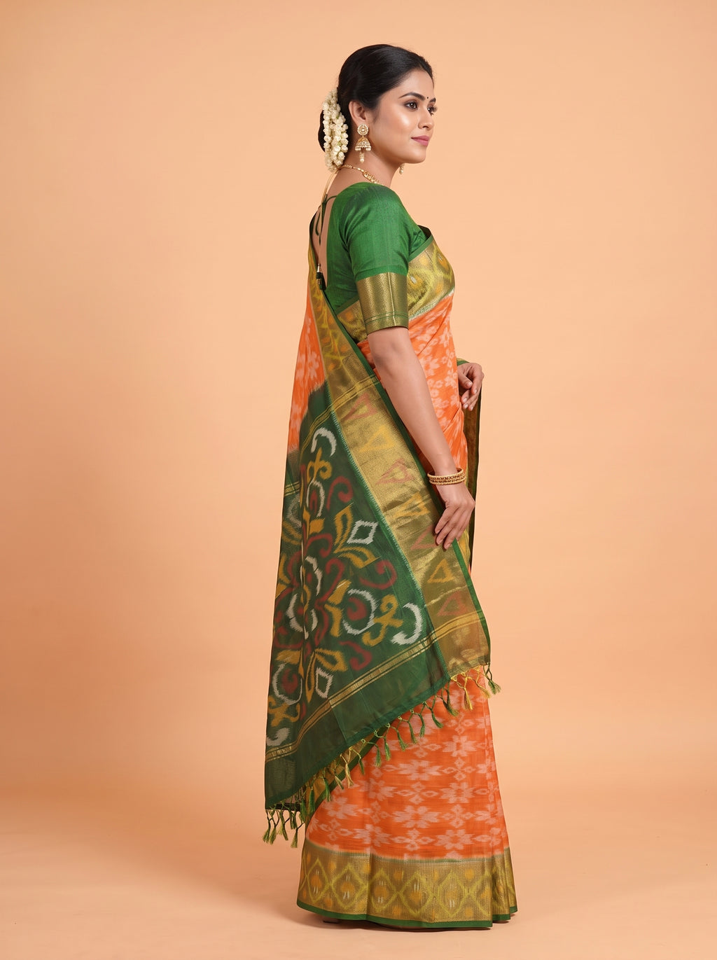 Orange and Dark Green Traditional Ikkat Saree
