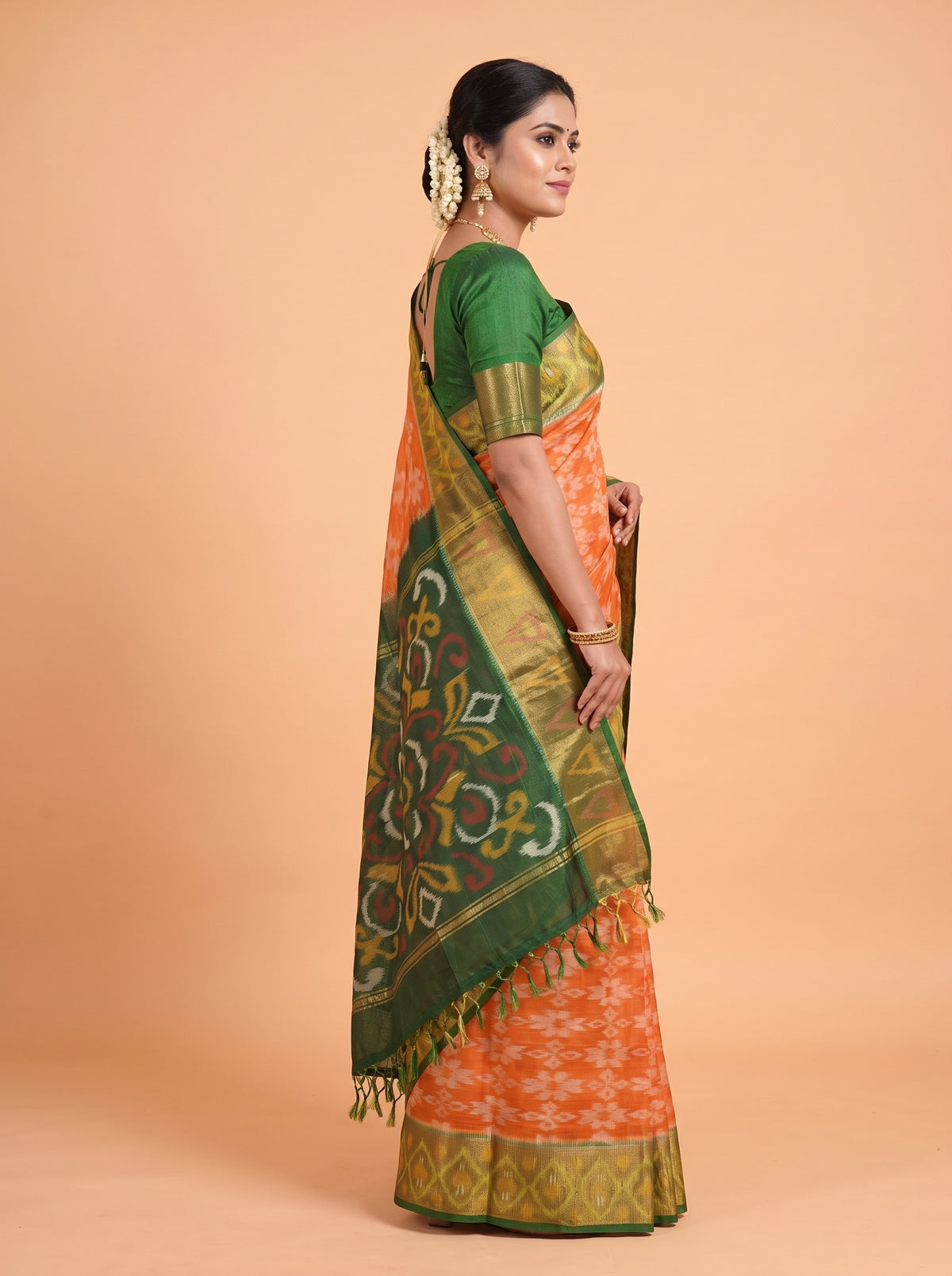 Orange and Dark Green Traditional Ikkat Saree