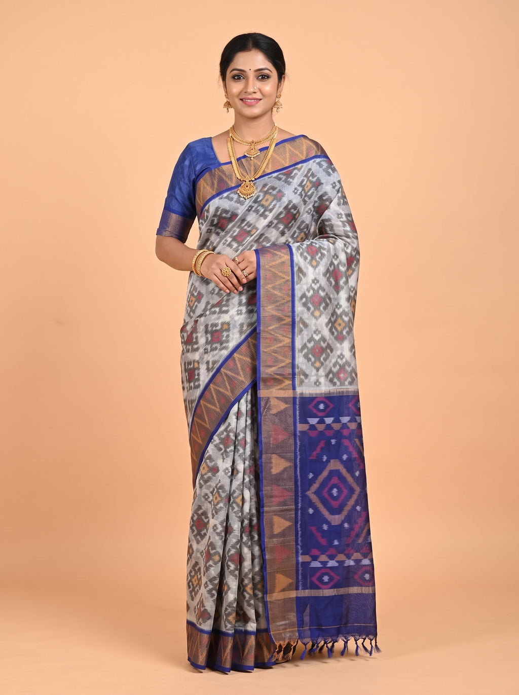 White and Navy Blue Multicolour Ikat Woven Saree