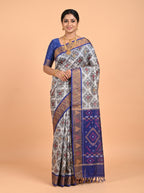 White and Navy Blue Multicolour Ikat Woven Saree