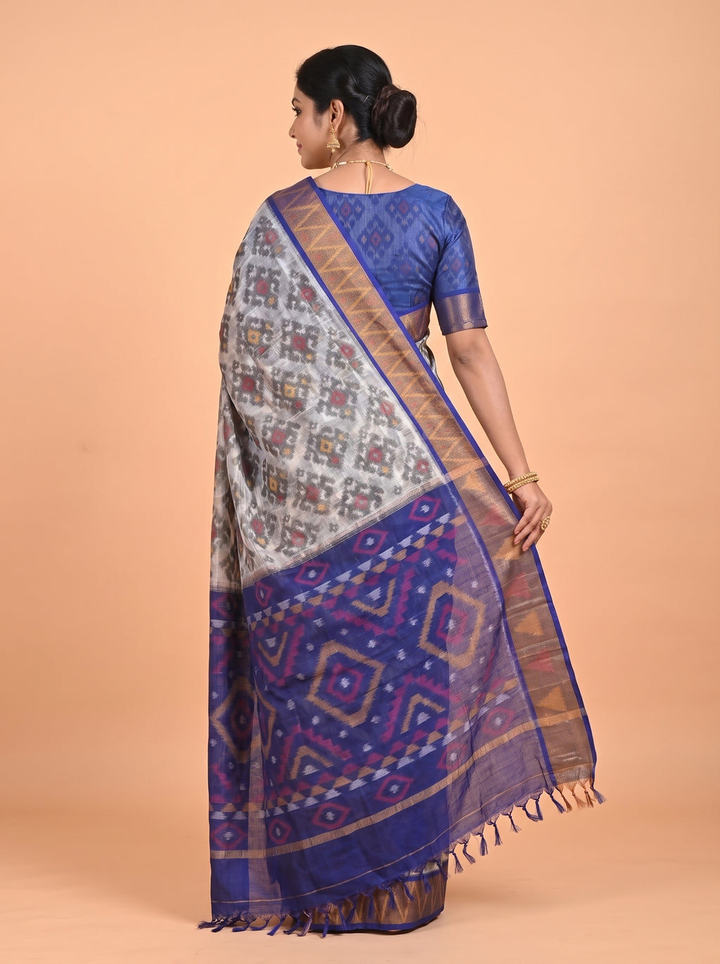 White and Navy Blue Multicolour Ikat Woven Saree