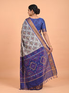 White and Navy Blue Multicolour Ikat Woven Saree