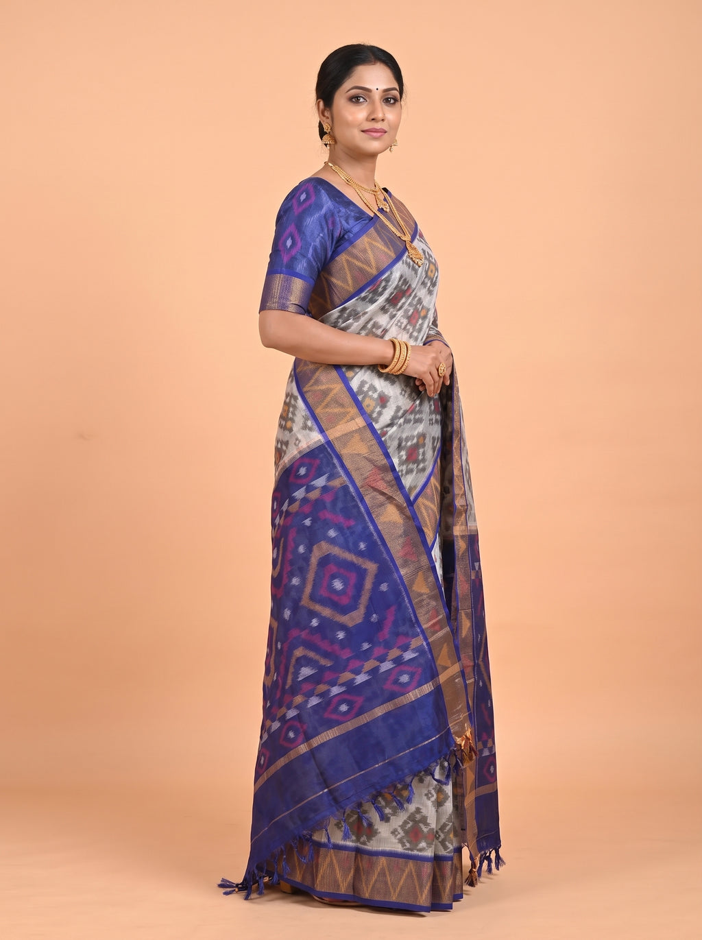 White and Navy Blue Multicolour Ikat Woven Saree