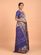 White and Navy Blue Multicolour Ikat Woven Saree