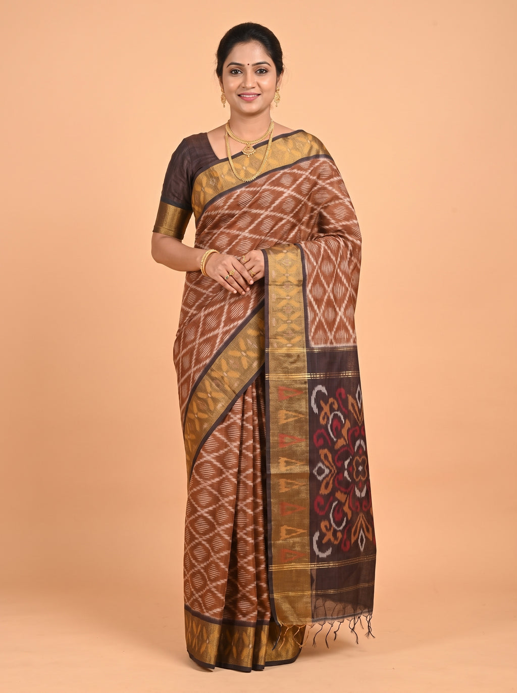 Mustard Yellow and Dark Green Ikat Cotton Saree