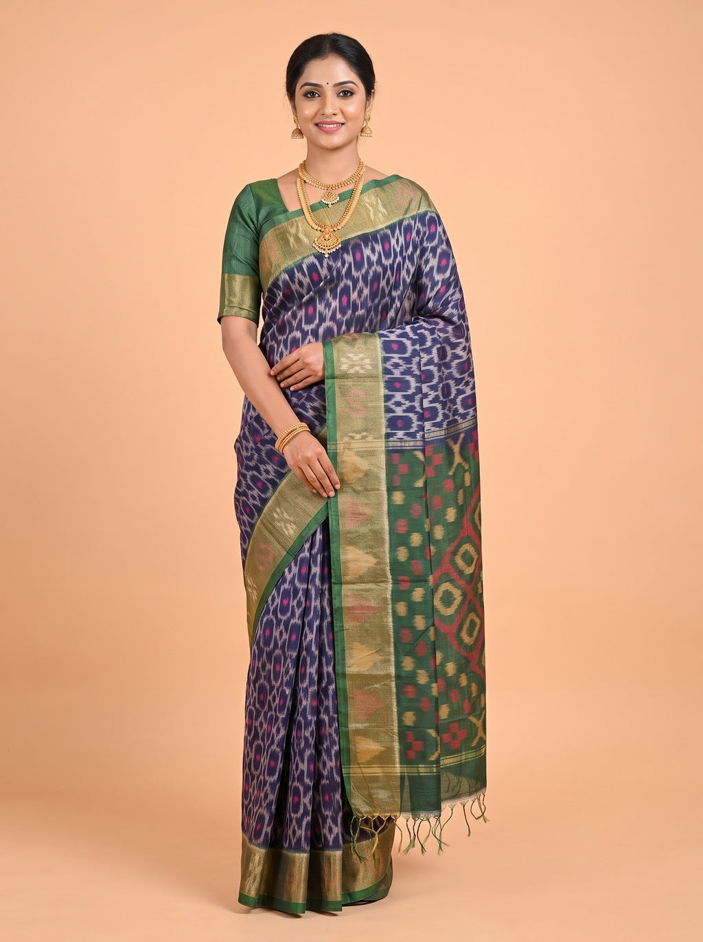 Navy Blue and Pink Ikat Cotton Saree