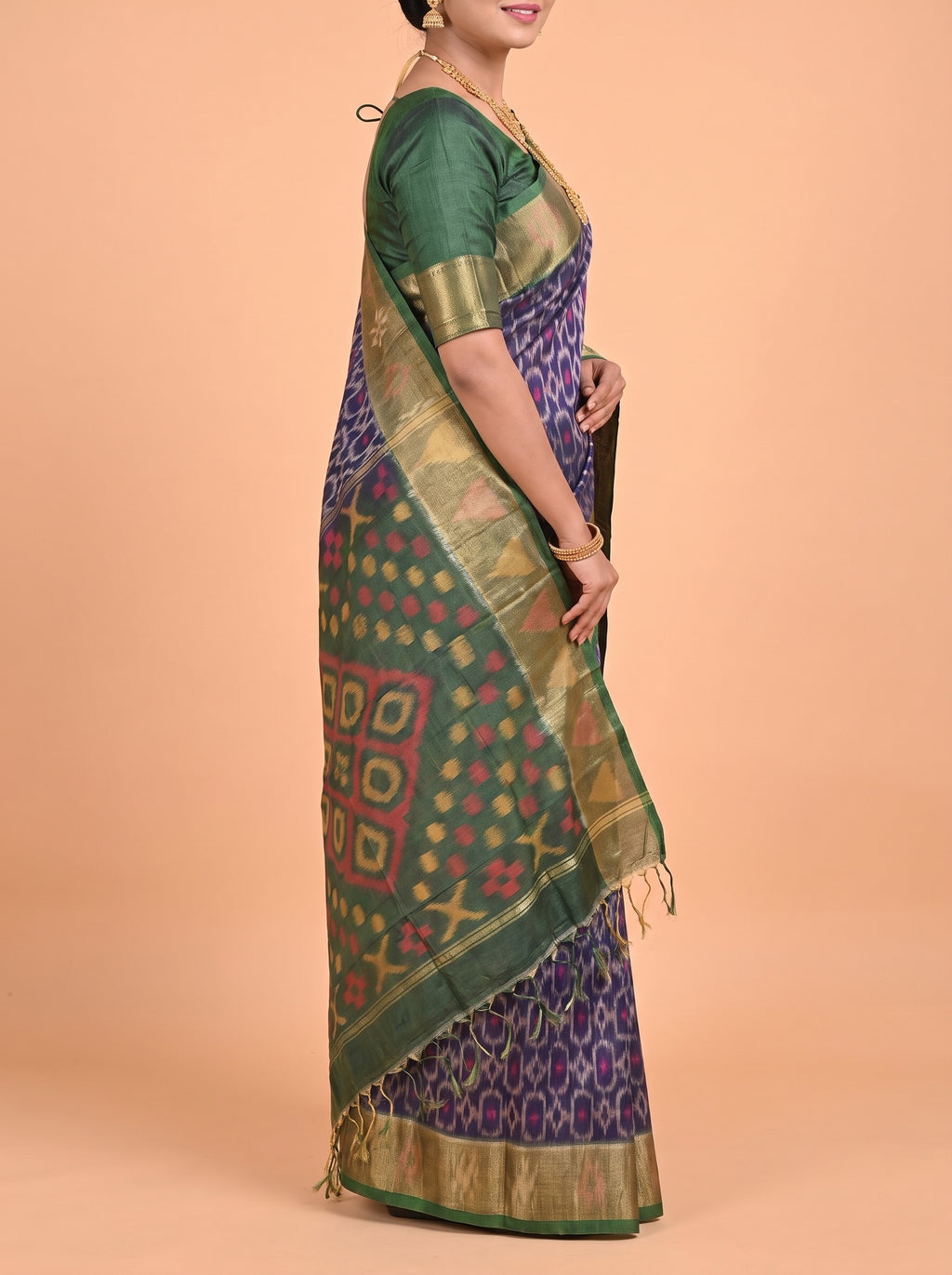 Navy Blue and Pink Ikat Cotton Saree