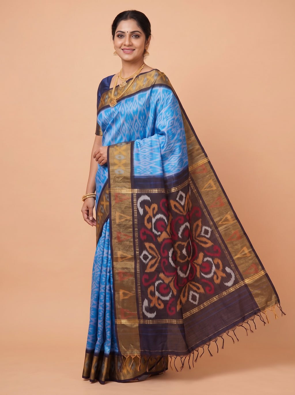 Green and Blue Ikat Cotton Saree