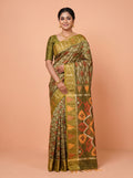 Dark green, Mustard Yellow and Red Ikat Cotton Saree