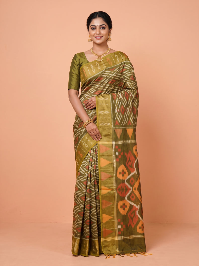 Dark green, Mustard Yellow and Red Ikat Cotton Saree