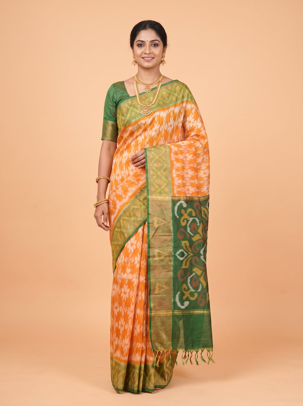 Mustard Yellow and Dark Green Ikat Cotton Saree
