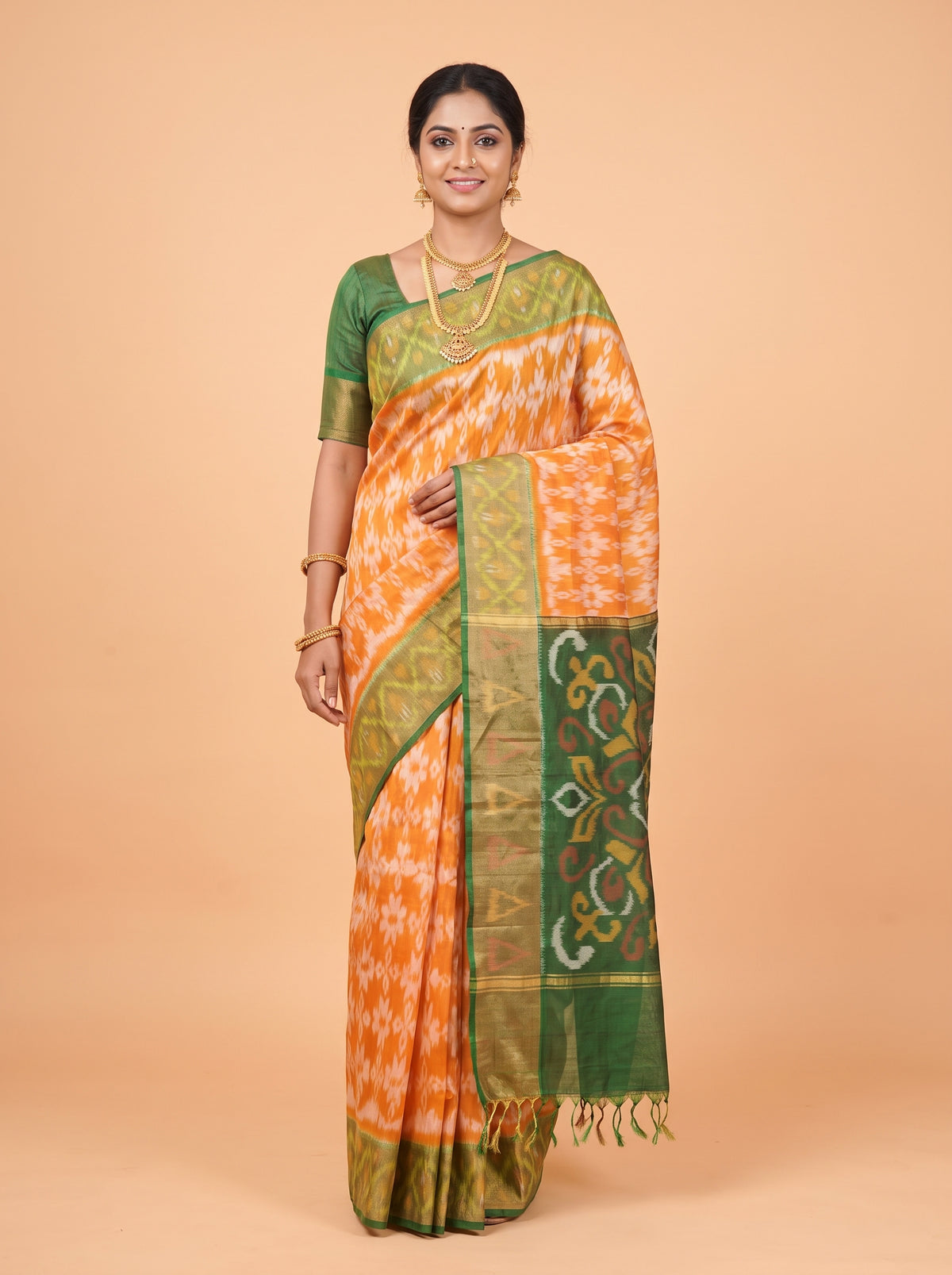 Mustard Yellow and Dark Green Ikat Cotton Saree