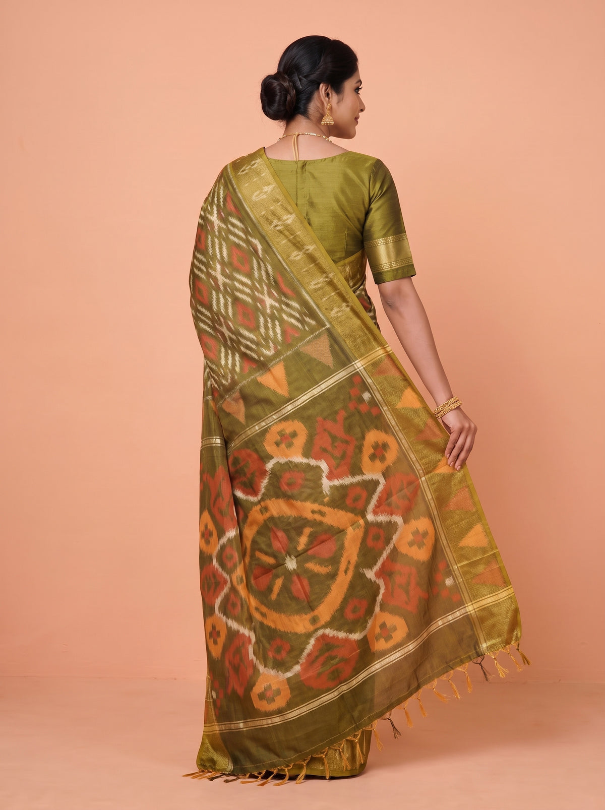 Dark green, Mustard Yellow and Red Ikat Cotton Saree