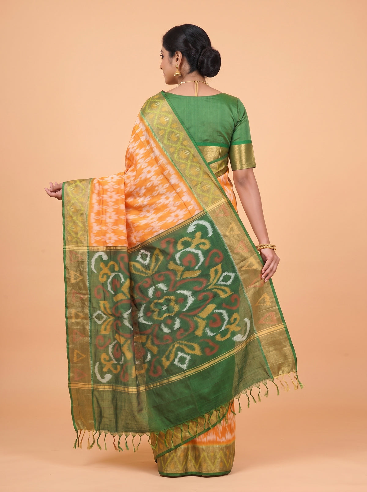 Mustard Yellow and Dark Green Ikat Cotton Saree