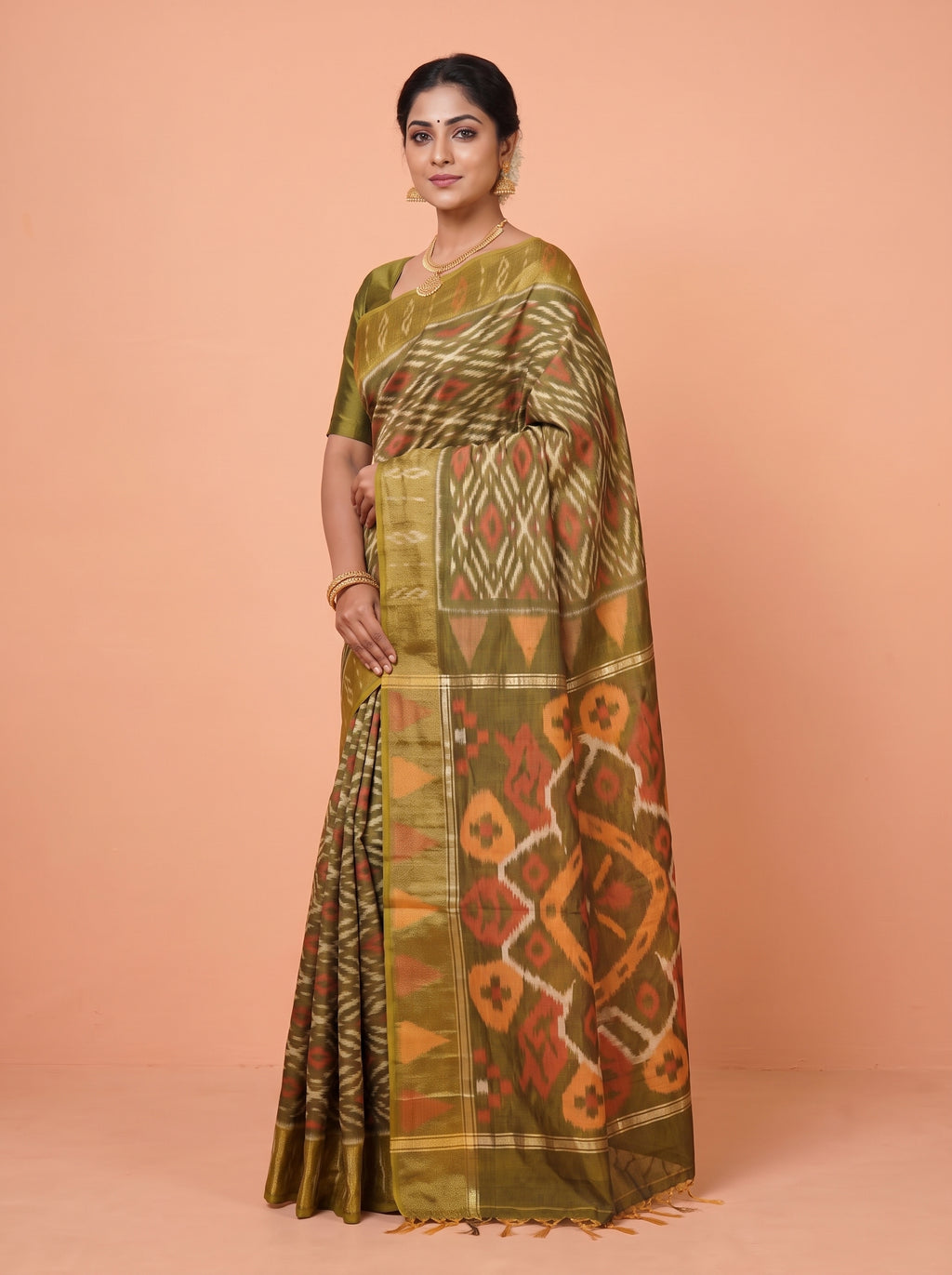 Dark green, Mustard Yellow and Red Ikat Cotton Saree