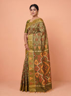 Dark green, Mustard Yellow and Red Ikat Cotton Saree