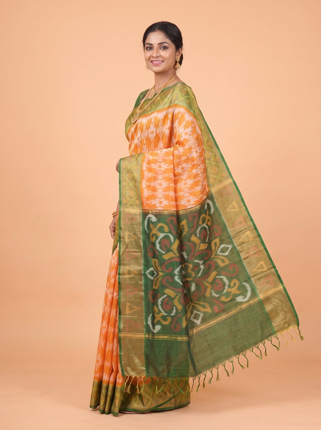 Mustard Yellow and Dark Green Ikat Cotton Saree