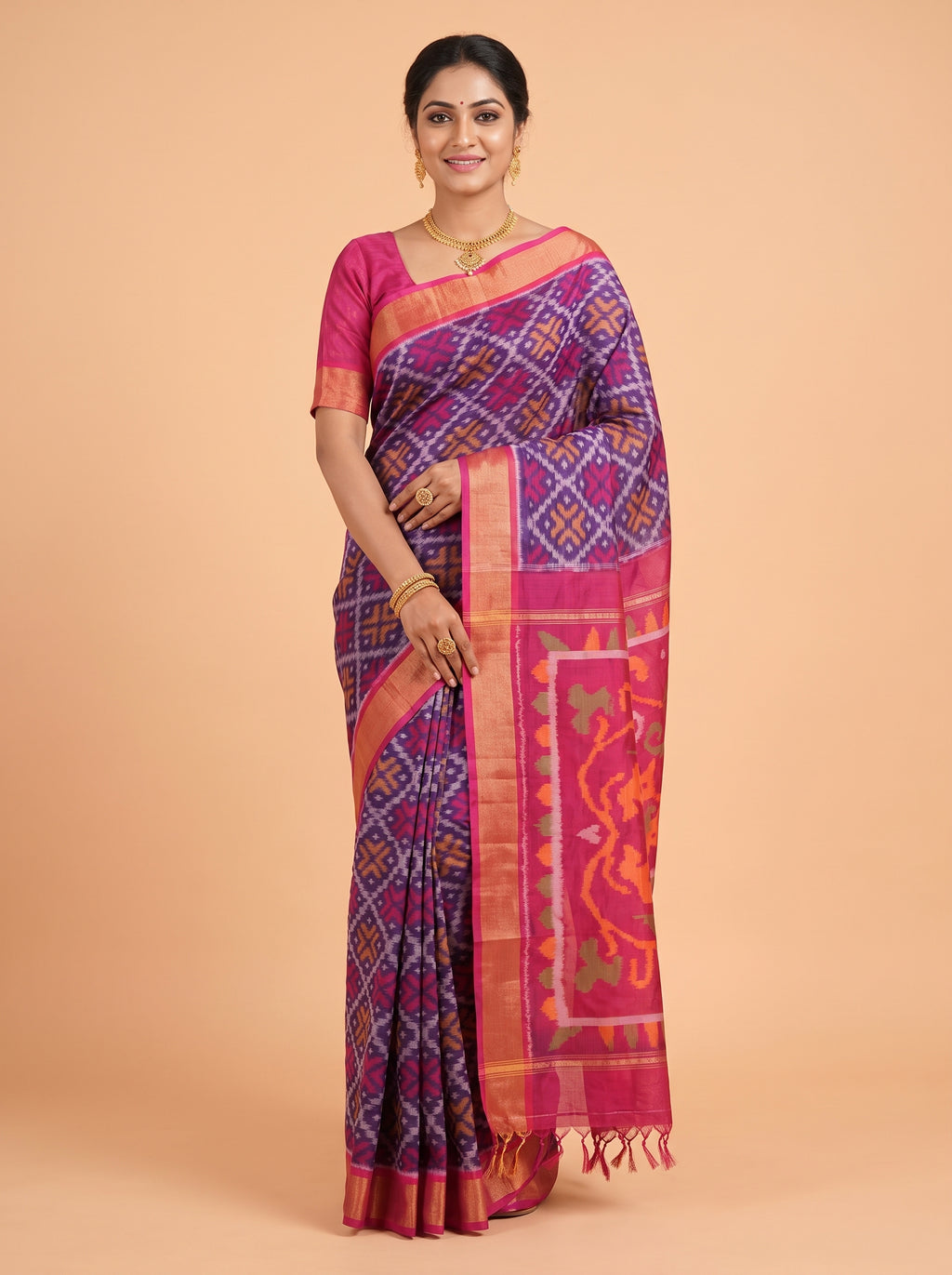 Navy Blue and Pink Ikat Cotton Saree