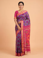 Navy Blue and Pink Ikat Cotton Saree