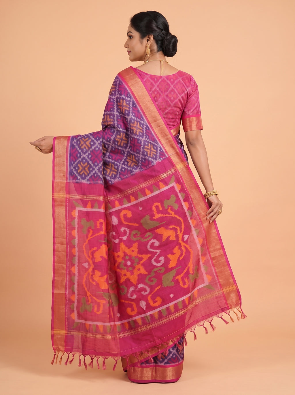 Navy Blue and Pink Ikat Cotton Saree