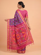 Navy Blue and Pink Ikat Cotton Saree