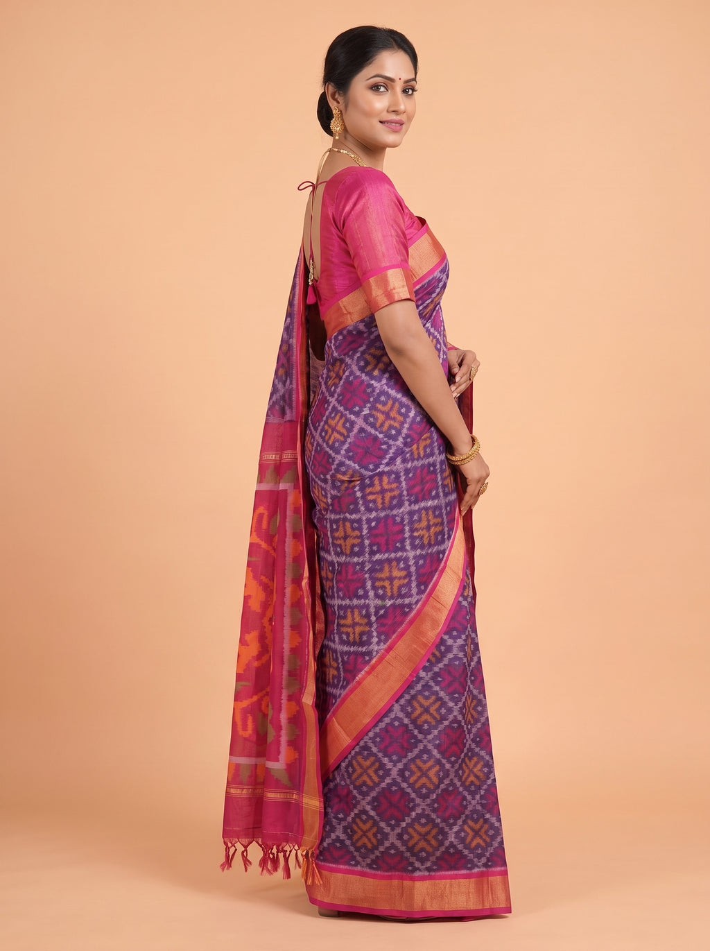 Navy Blue and Pink Ikat Cotton Saree