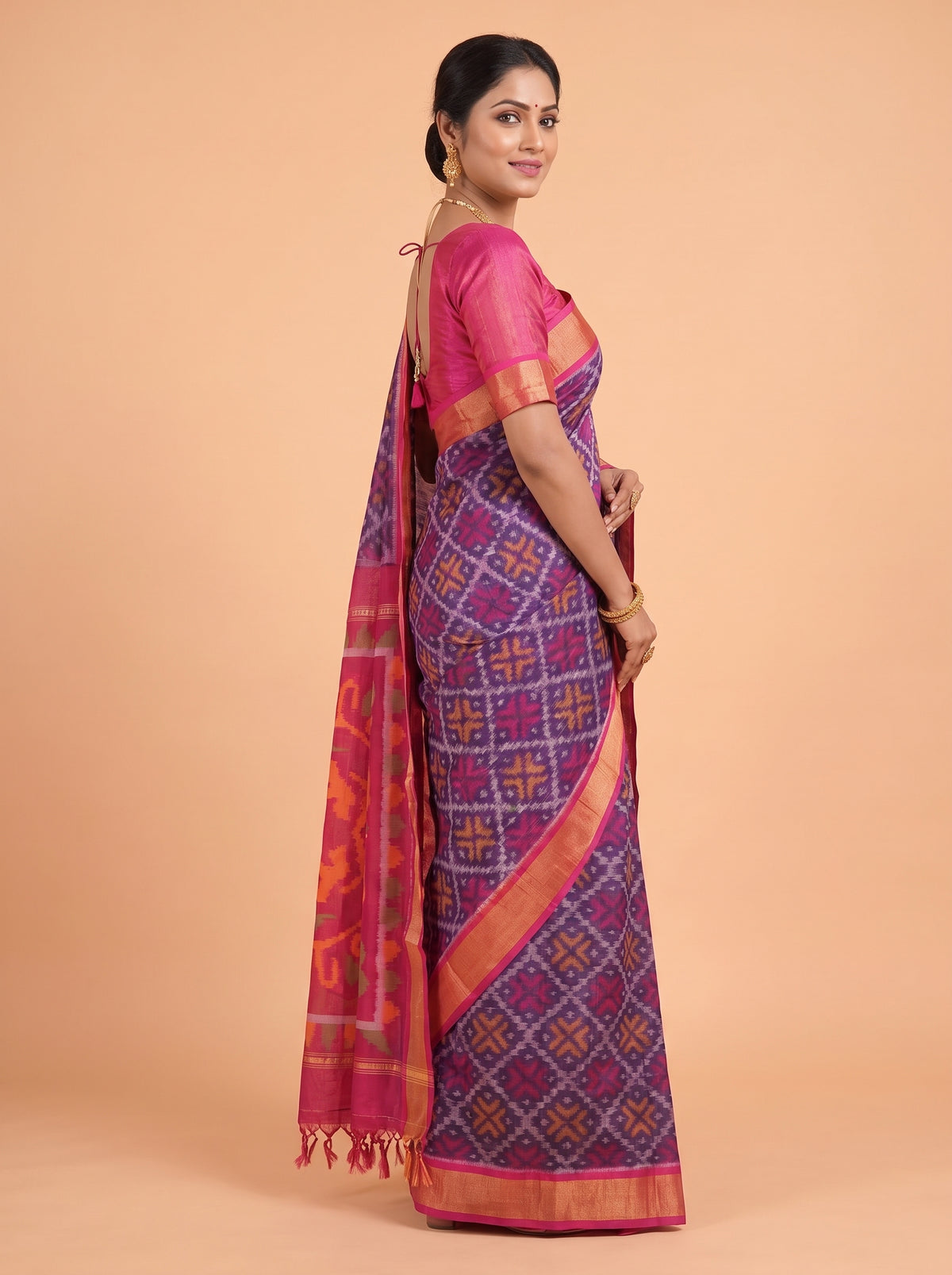 Navy Blue and Pink Ikat Cotton Saree