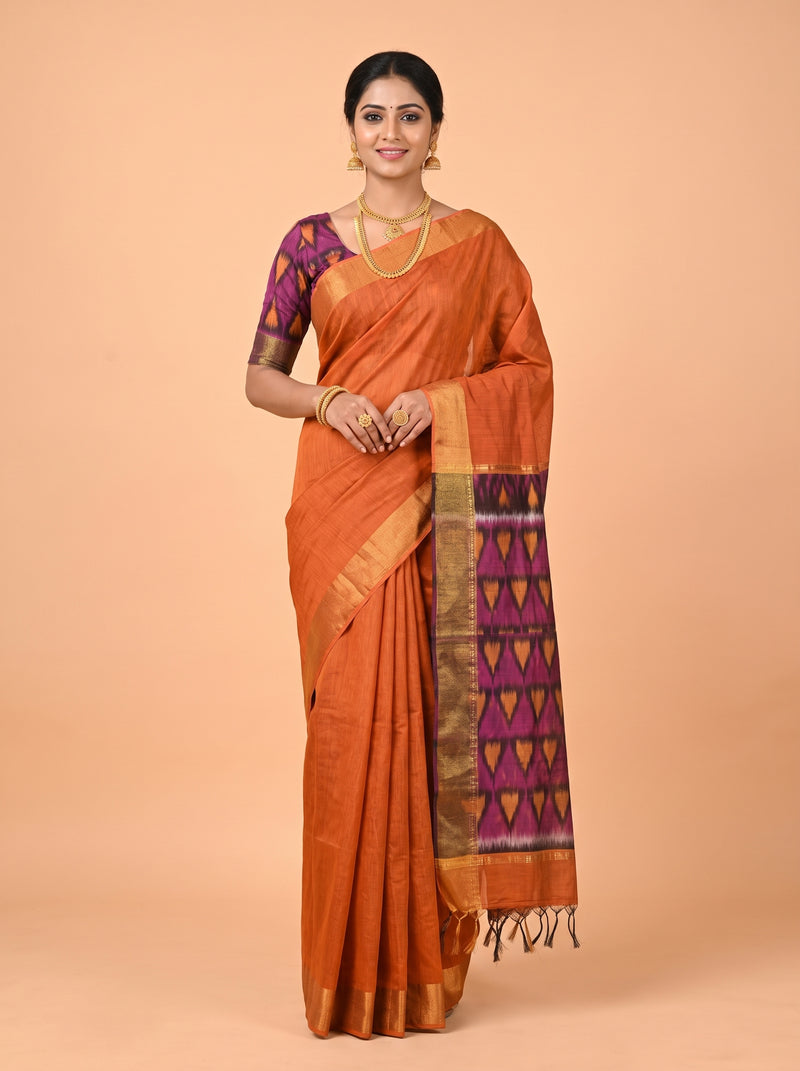 Orange and Purple Ikat Cotton Saree