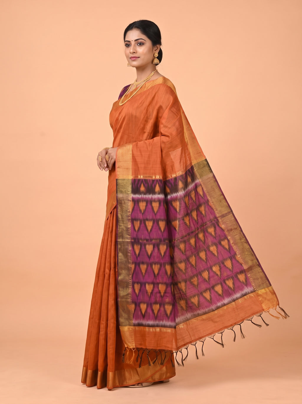 Orange and Purple Ikat Cotton Saree