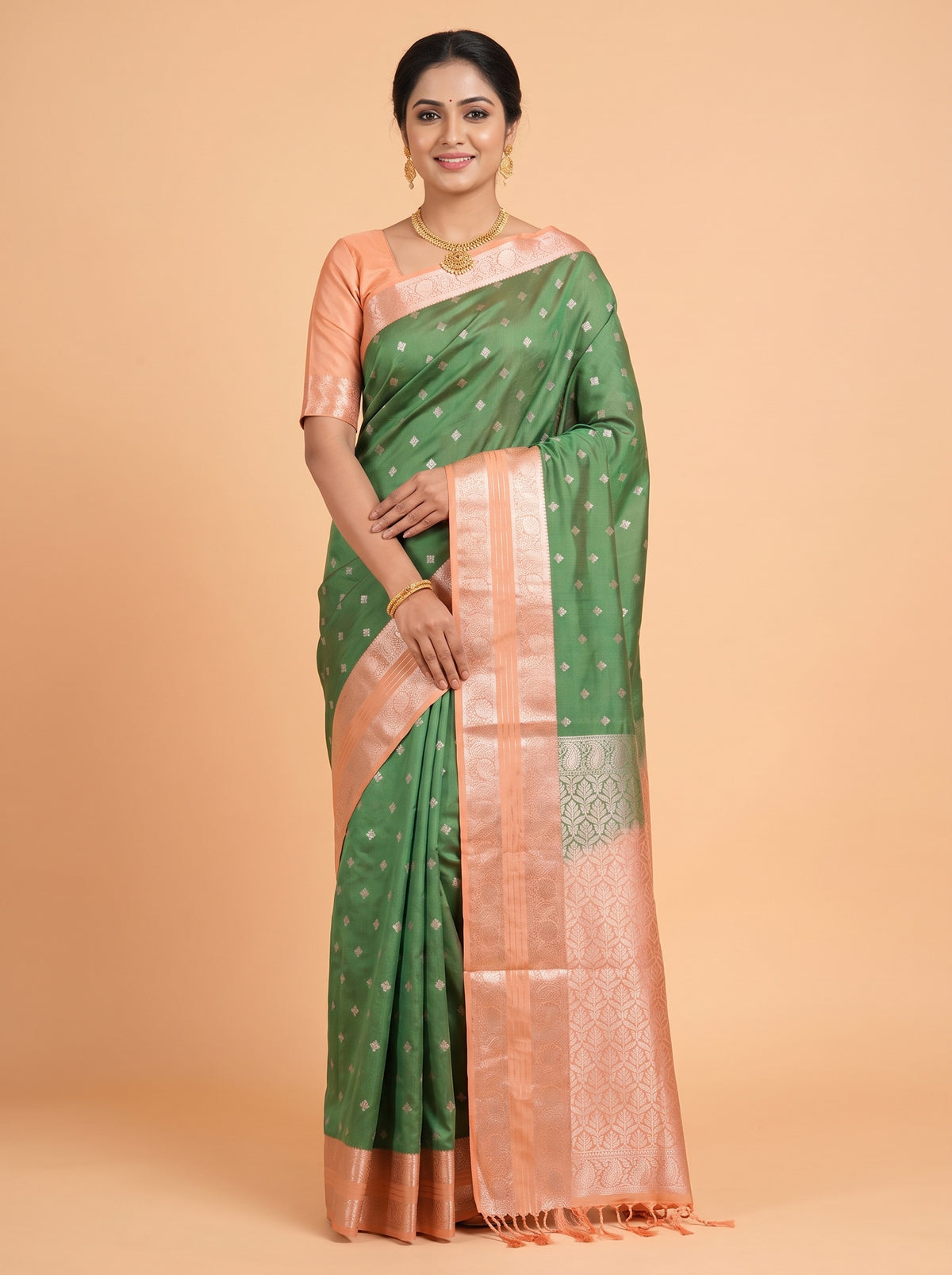 Orange and Bottle Green Soft semi silk Saree