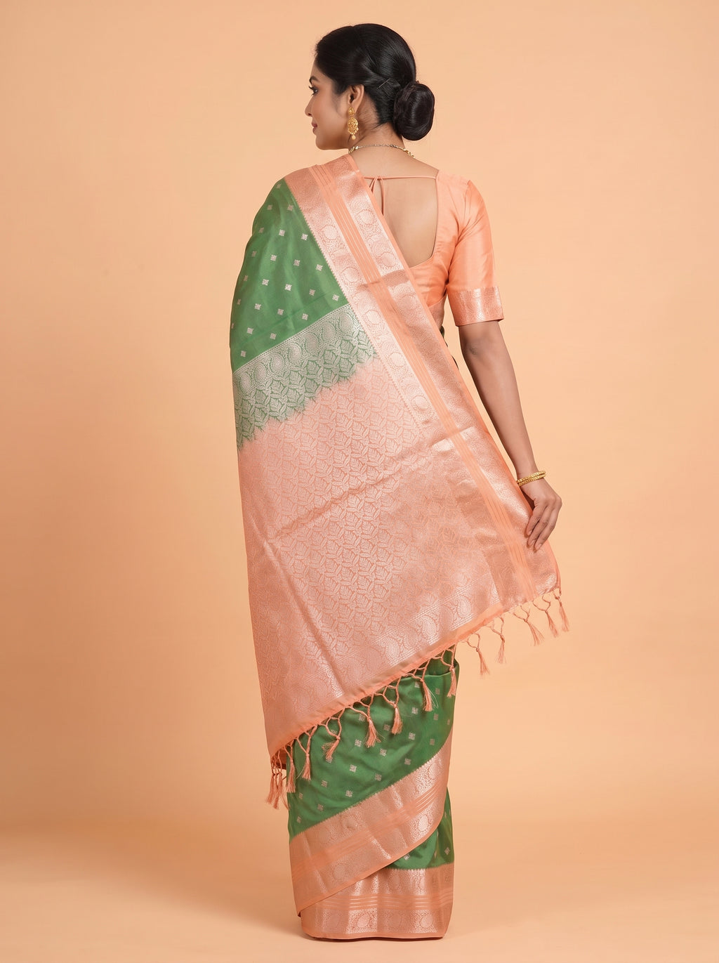 Orange and Bottle Green Soft semi silk Saree