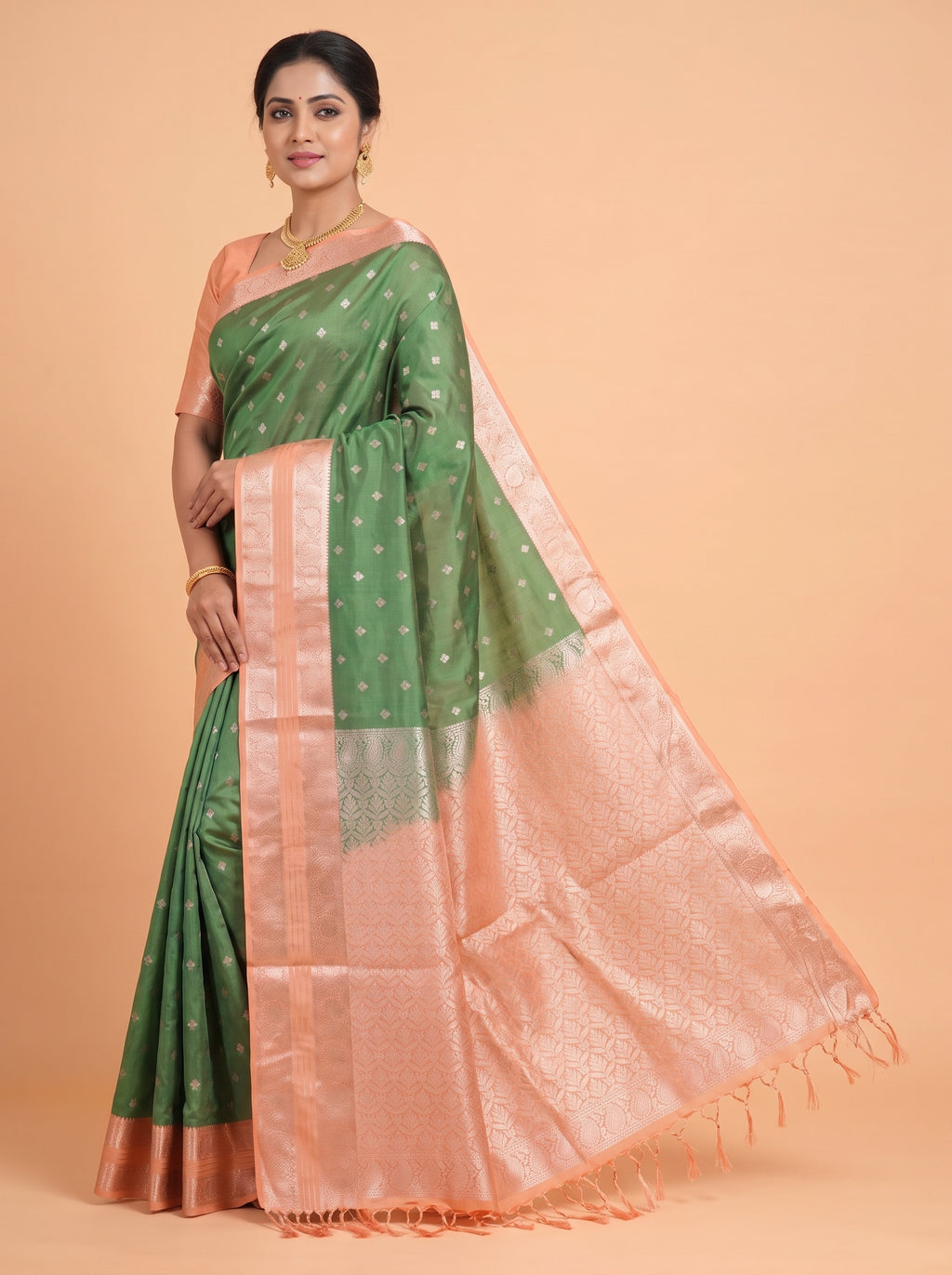 Orange and Bottle Green Soft semi silk Saree